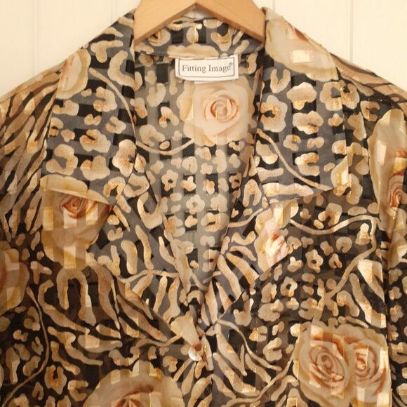 Fitting Image Sheer Button Up Rose Animal Print Tunic Gold Black Size 18 - Picture 5 of 11